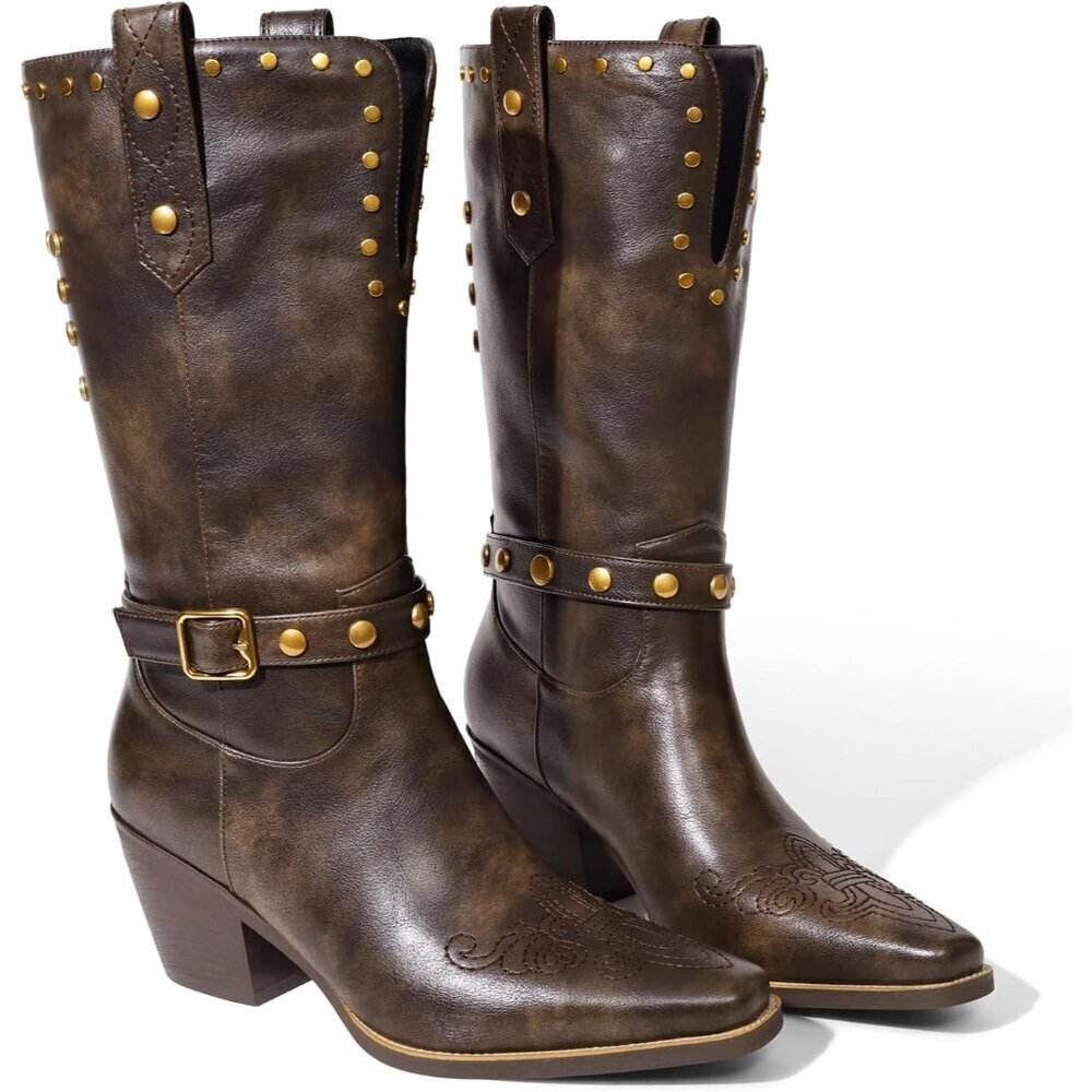 Womens Brown Faux Leather Mid Calf Square Toe Block Chunky Heel Studded Boots - Picture 3 of 8
